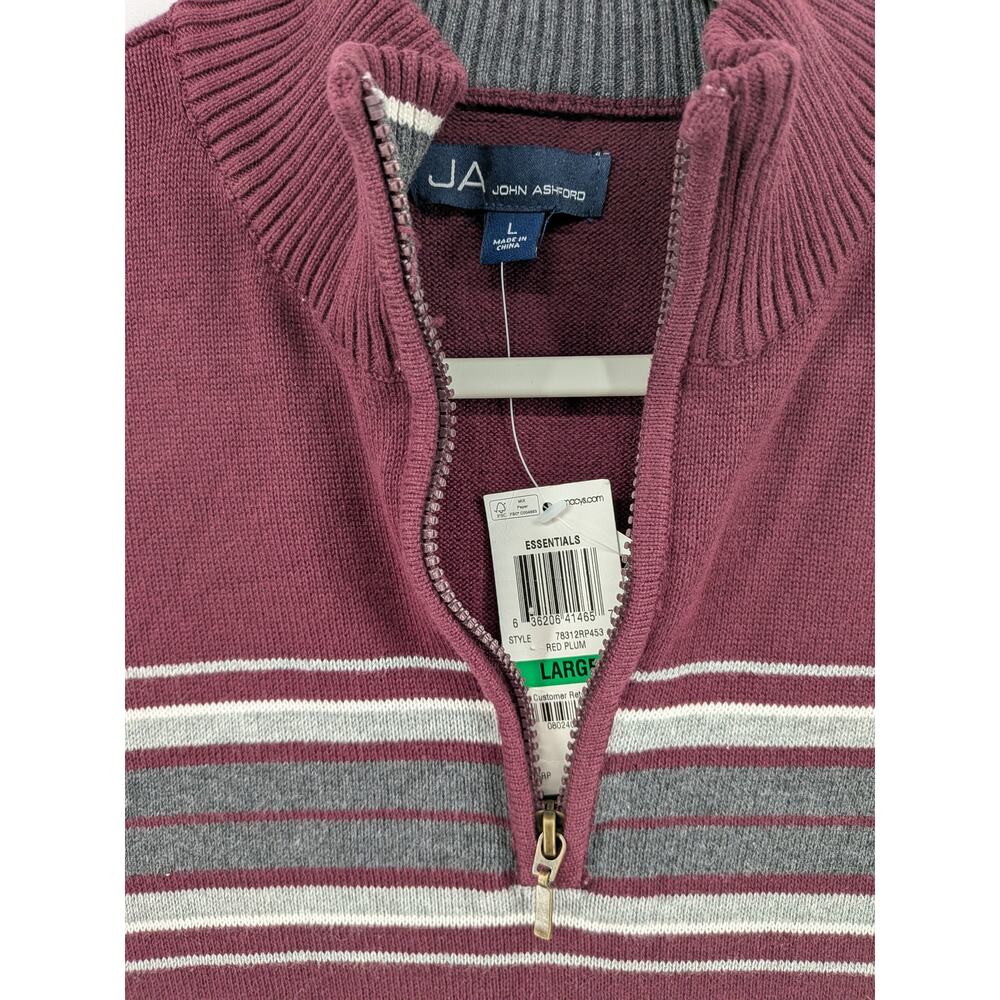 John Ashford Men's 1/4 Zip Sweater Striped Red Gray Large High Neck Long Sleeve - Picture 4 of 8